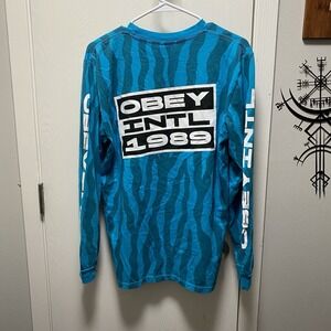 Men's Obey 1989 Small Teal‎ Zebra Tiger Stripe Long Sleeve Tee